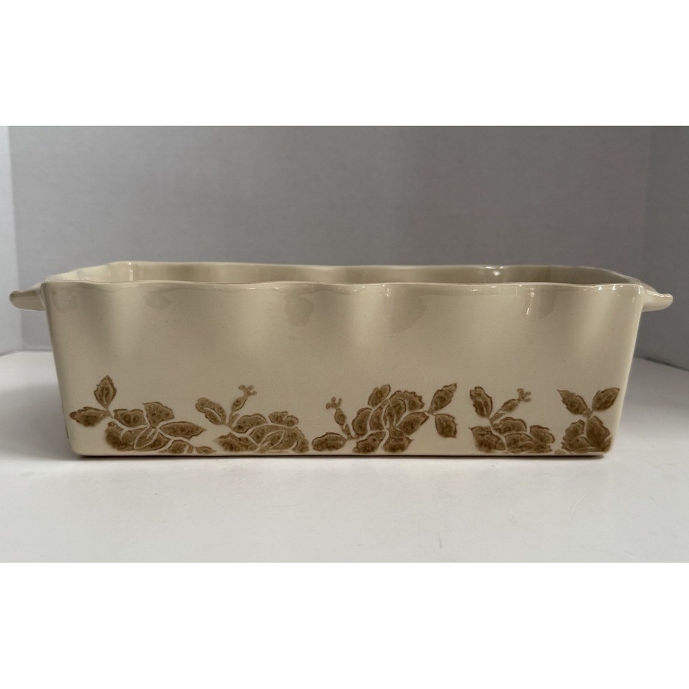 Molde Stoneware Loaf Pan Cream Tan Floral Print, 11" x 5" x 3.5" Handles